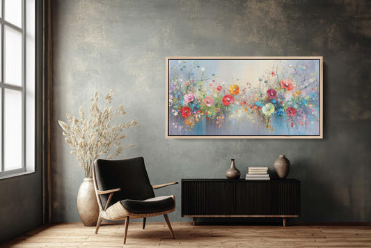 Flowers in Rain, Wildflowers on Canvas, Abstract Wall Art, Framed Canvas, Watercolor flowers,  Floral Print, Classic, Rustic Farmhouse