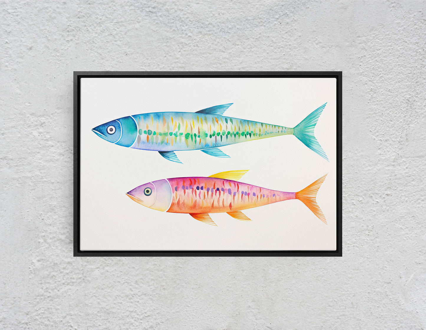 Watercolor Sardine, Fish Painting, Vibrant Color, Kitchen Print, Dining Room, Clean Minimal, Abstract, Framed Canvas