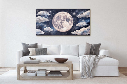 Cloudy Moon Sky, Moon Painting, Moon and Stars