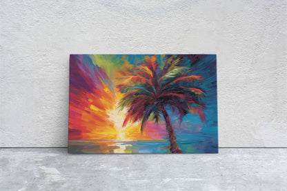 Modern Palm Tree on Canvas, Contemporary Art, Colorful Beach, Vivid Tree, Mid Century, Abstract Plant, Framed Canvas, Waterfront, Ocean