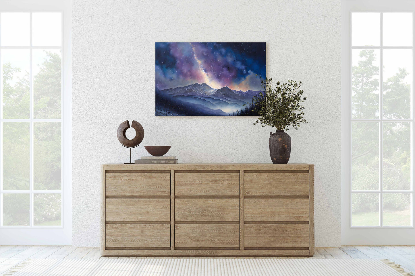 Night Sky Over Mountain Range Painting Stretched Canvas Art