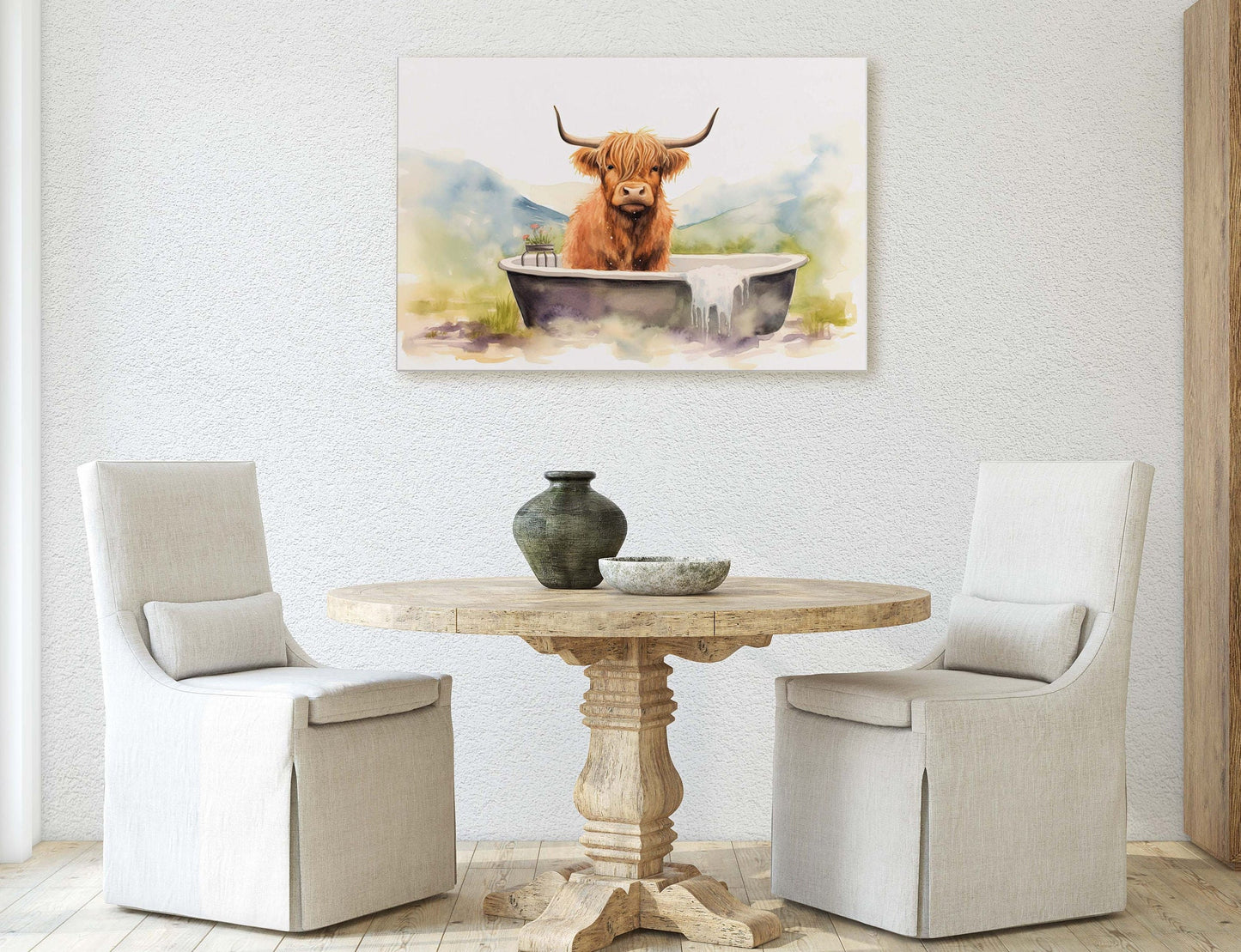 Highland Cow on Canvas, Cow Bathtub, Bathroom Decor, Scottish Cow, Bovine Art, Powder Room, Barn Style, Fun Art, Farm Print, Oversized Art