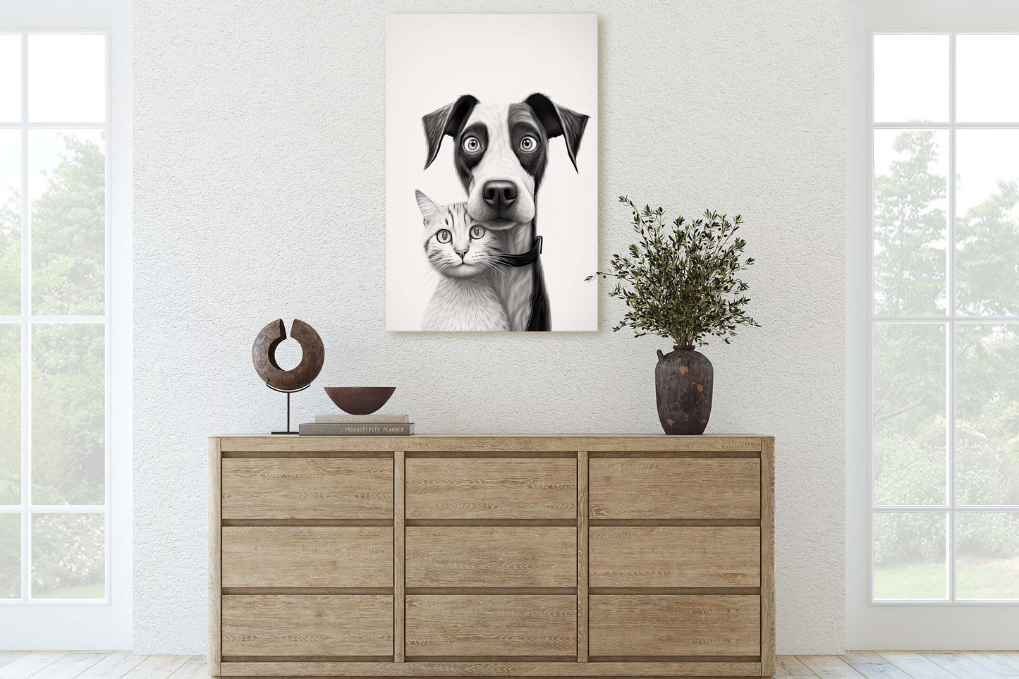 Black White Cat Dog, Loving Pets, Cute Animals, Minimalism, Animal Art, Kitten Decor, Puppy Art, Framed Canvas, Quirky Animal