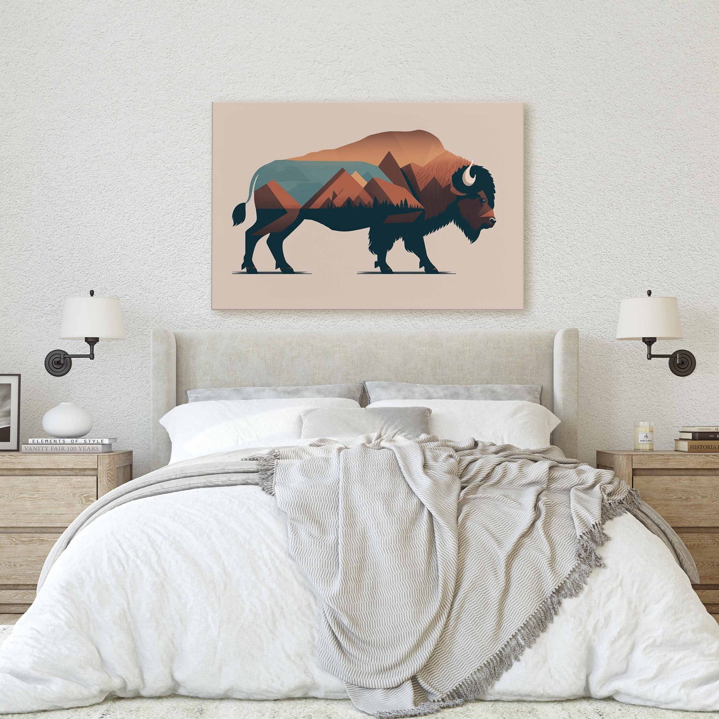 Boho Minimalist Buffalo, American Bison, Canvas Art Ready To Hang Large Print, Painting, Mountains, Neutral