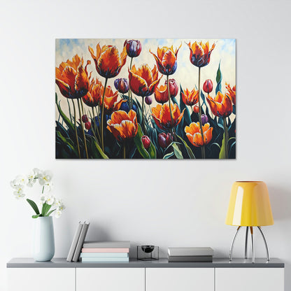 Tulip Field Fine Art Canvas Art Ready To Hang Large Print, Oil Painting, Flowers, colorful