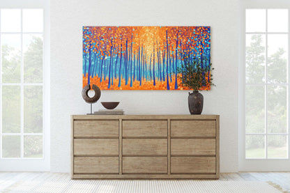 Pointillism Autumn, Fall on Canvas, Abstract Aspen Trees, Framed Canvas