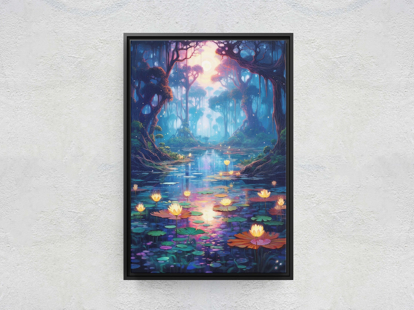 Enchanted Pond, Lamps Night Art, Lantern Forest, Vertical Canvas, Fantasy Decor, Office Art, River Art, Lily Pond, Floating Flower