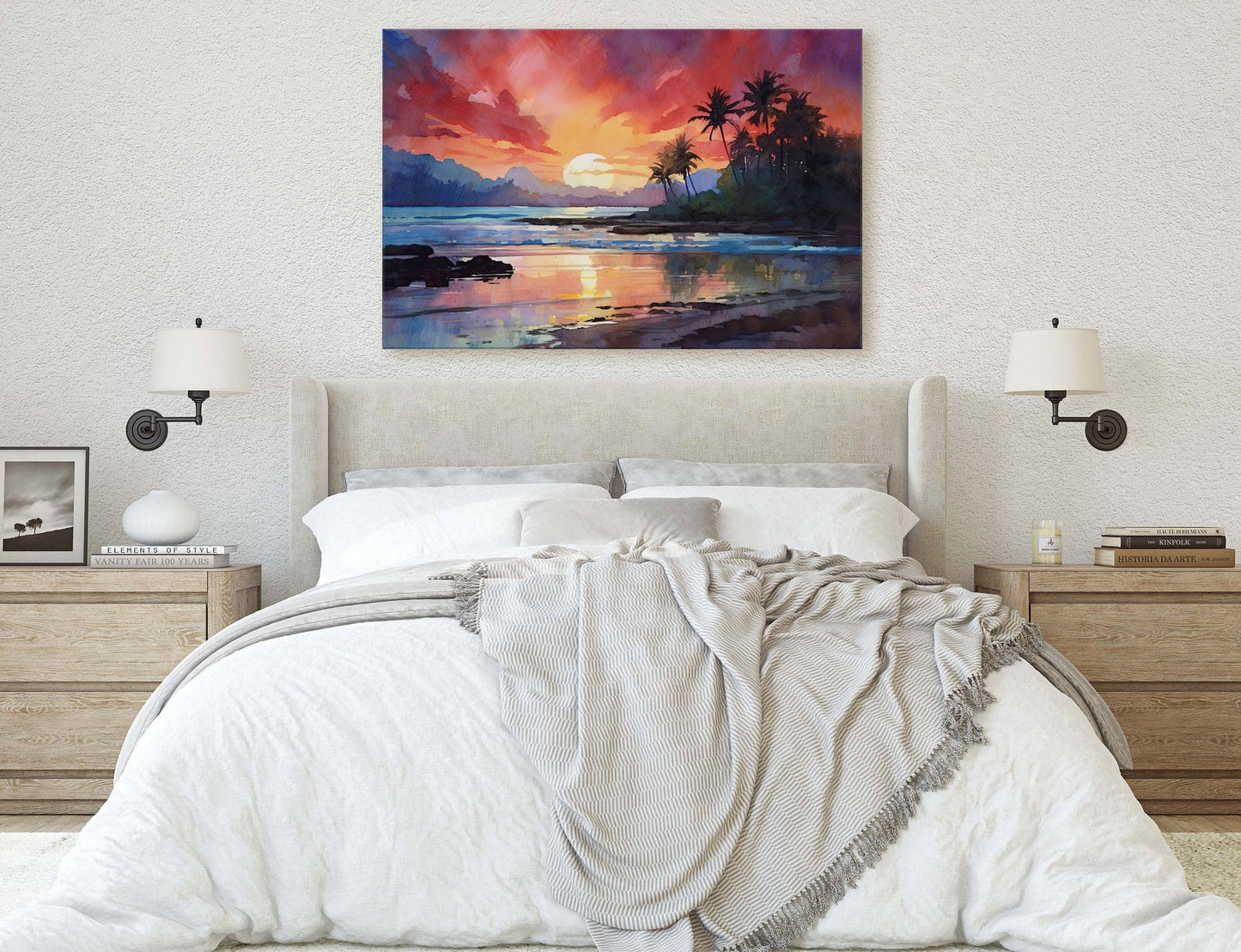 Dusk Beach on Canvas, Sunset Ocean, Sunrise Oceanside, Watercolor, Framed Canvas, Palm Trees, Subdued Art, Tropical Paradise