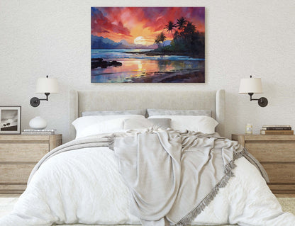 Dusk Beach on Canvas, Sunset Ocean, Sunrise Oceanside, Watercolor, Framed Canvas, Palm Trees, Subdued Art, Tropical Paradise