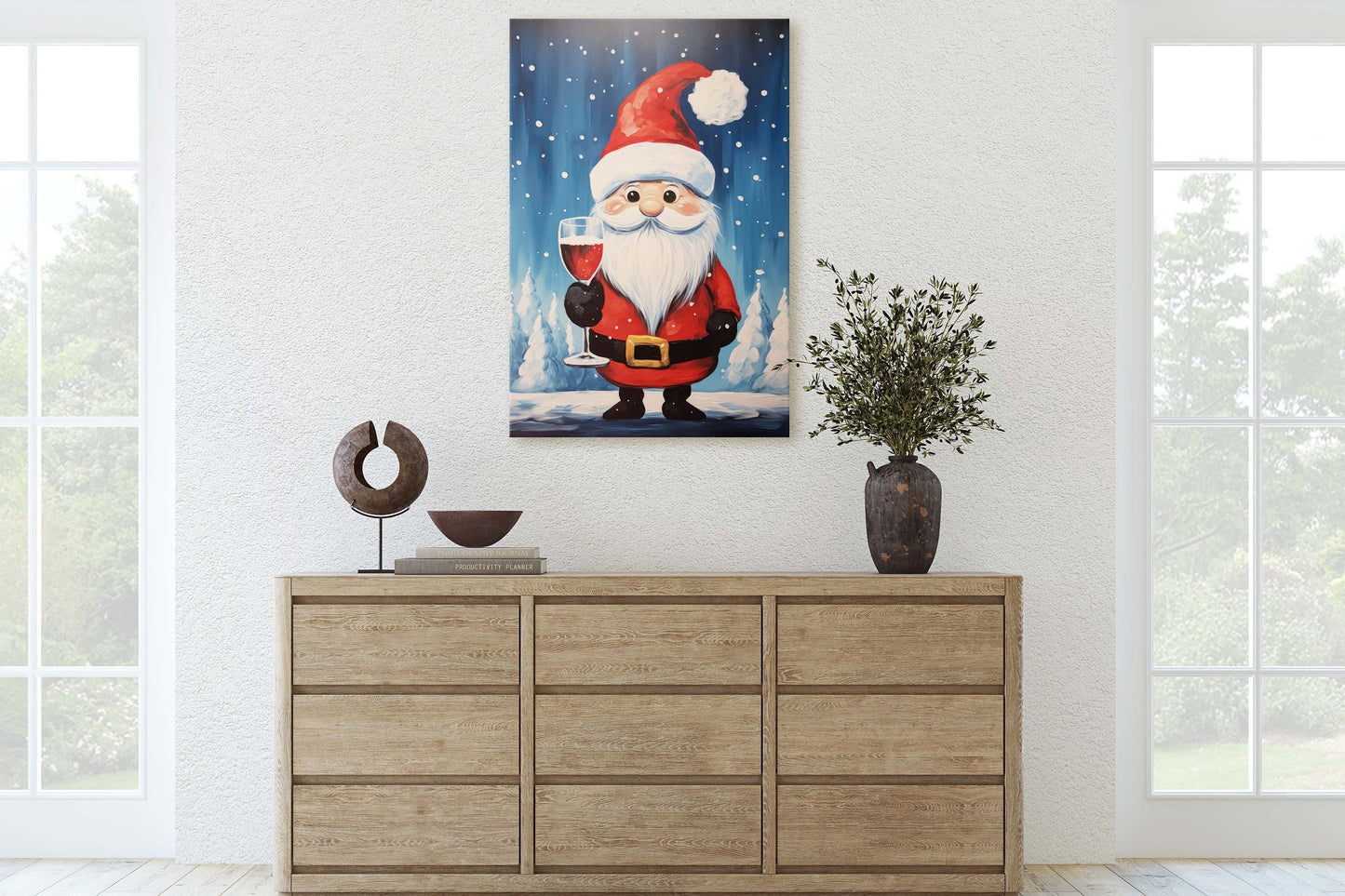 Cute Santa Wine, Santa Clause, Christmas Decor, Santa Painting, Saint Nick, Christmas Gift, Framed Canvas, Father Christmas, Holiday Artwork