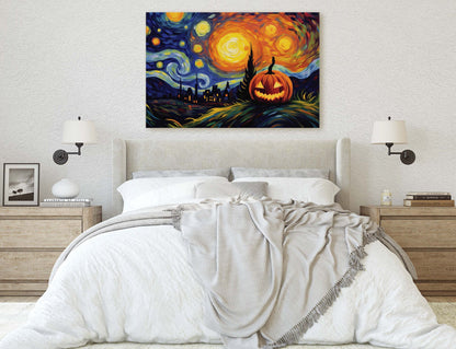 Starry Night Pumpkin on Canvas, Jack-O-Lantern, Spooky Art, Framed Canvas, Kid Friendly, Fun Halloween Decor