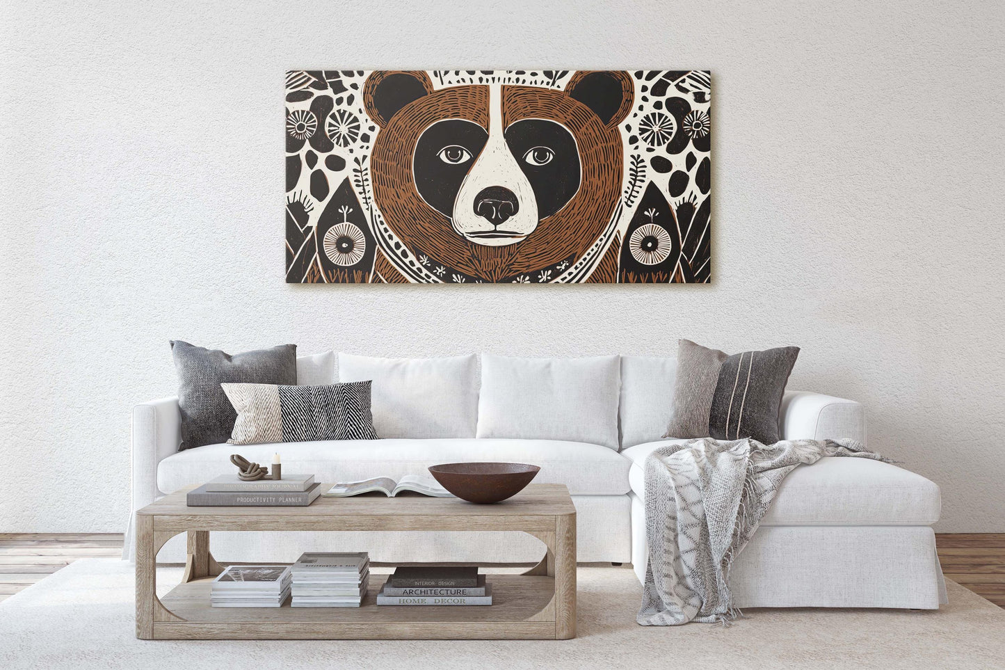 Bear Folk Art, Scandinavian Print, Large Canvas, Linocut Print