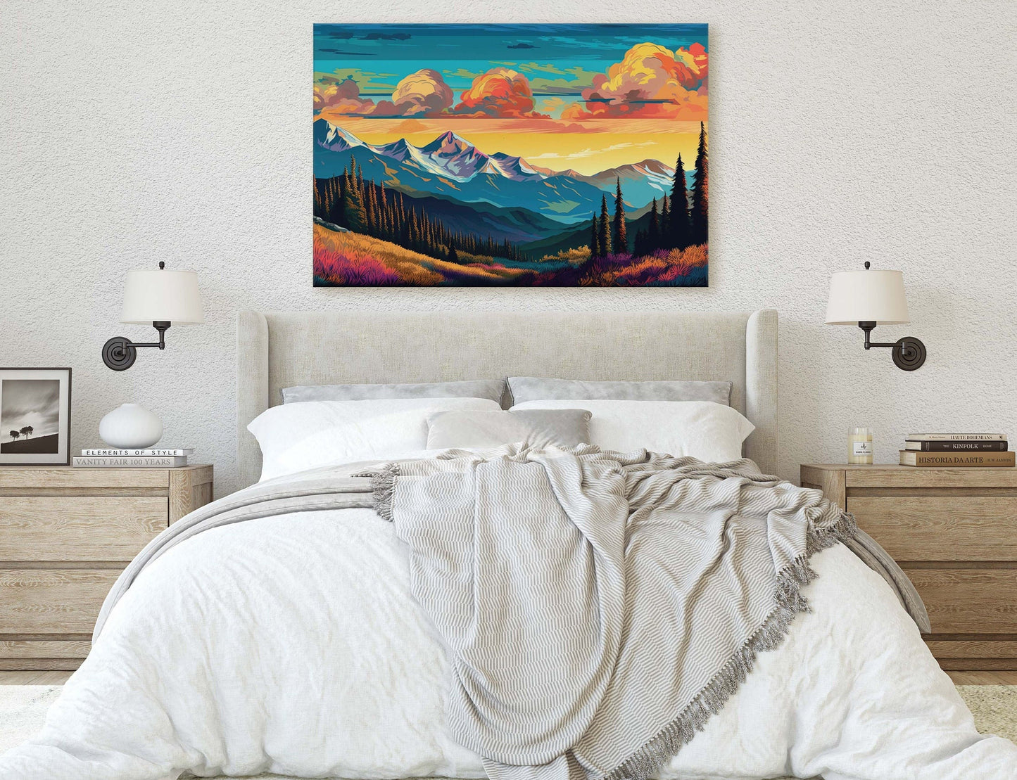 Cloud Mountains on Canvas, Flat Illustration, Sunset Colors, Sunrise Scene, Mountain Range, National Park, Abstract Art, Drawing, Framed