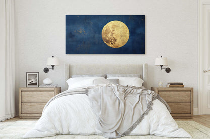 Indigo Gold Moon, Full moon art, Moon Landscape, Contemporary Art, Celestial Decor