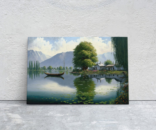 Lake Cottage Canvas Art Ready To Hang Large Print, Oil Painting, Landscape, Dali Lake India