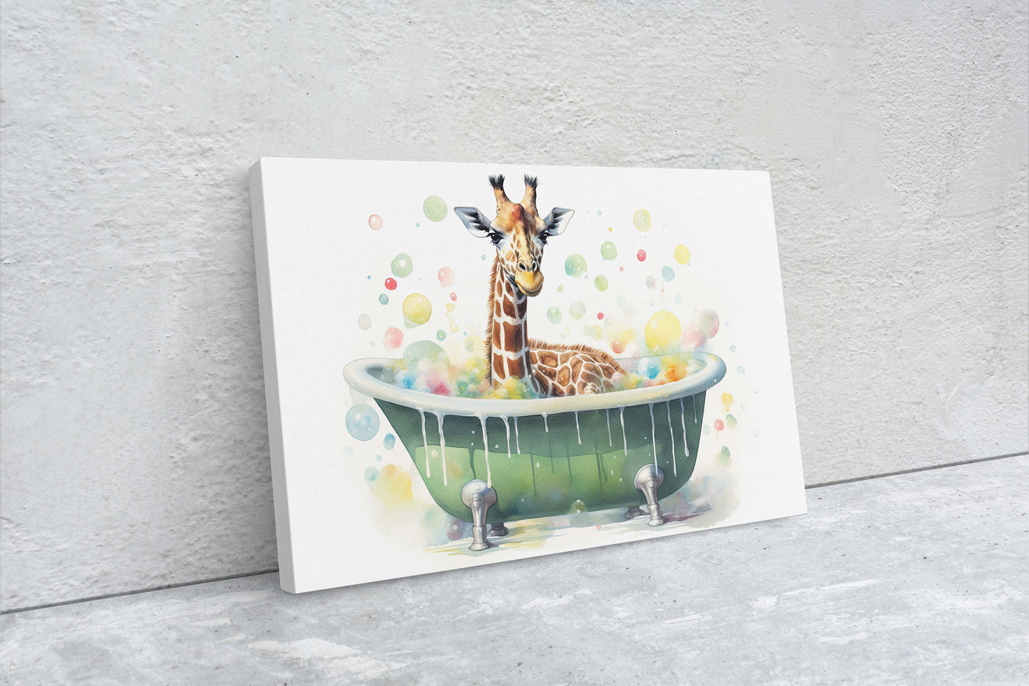 Giraffe Bath, Giraffe in Bathtub, Bathroom Decor, Kids Bath, Powder room, Fun Art, Cute Giraffe Elephant, Bath time Art, Silly Decor