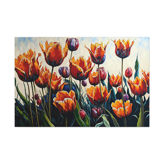 Tulip Field Fine Art Canvas Art Ready To Hang Large Print, Oil Painting, Flowers, colorful