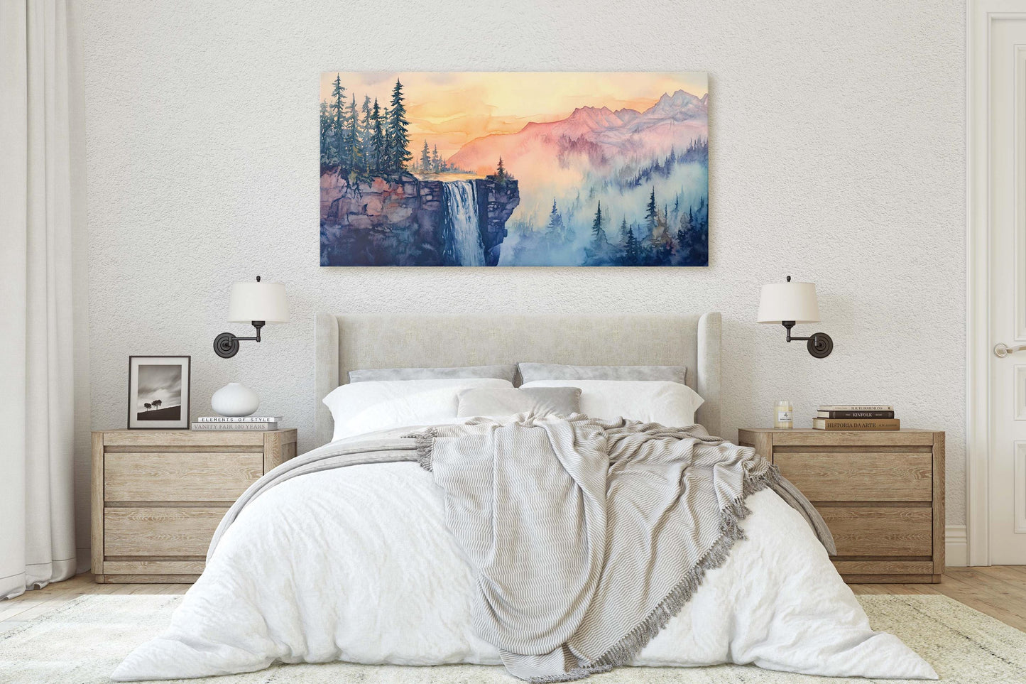 Cliff Waterfall, Watercolor Cliff, Mountain Painting, Scenic Art