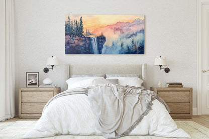 Cliff Waterfall, Watercolor Cliff, Mountain Painting, Scenic Art