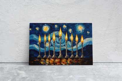 Starry Menorah, Hanukkah Painting, Festive Decor, Winter Season, Jewish Art, Chanukah, Framed Canvas, Jewish Print