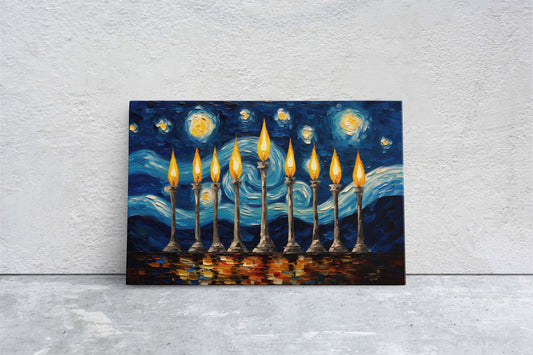 Starry Menorah, Hanukkah Painting, Festive Decor, Winter Season, Jewish Art, Chanukah, Framed Canvas, Jewish Print