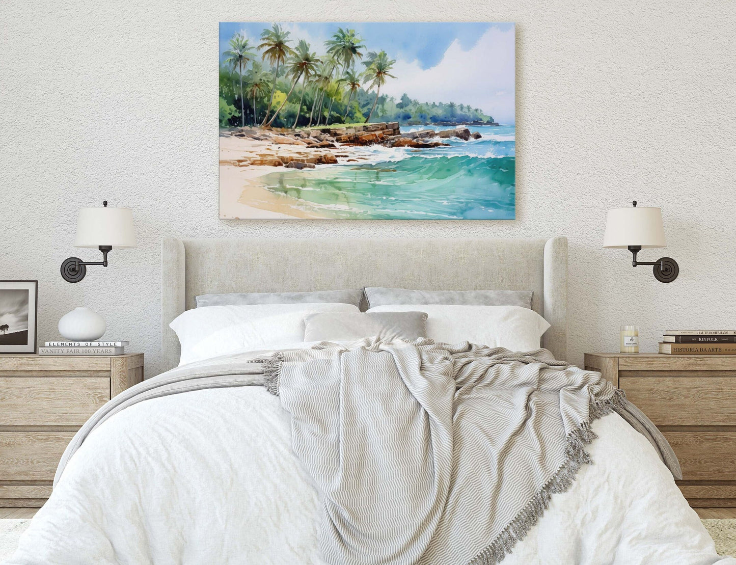 Beach Waves on Canvas, High Tide, Blue water, Green water, Palm Trees, Tropical Paradise, Ocean Vacation, Framed Canvas