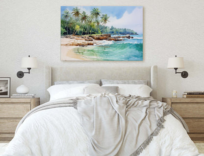 Beach Waves on Canvas, High Tide, Blue water, Green water, Palm Trees, Tropical Paradise, Ocean Vacation, Framed Canvas
