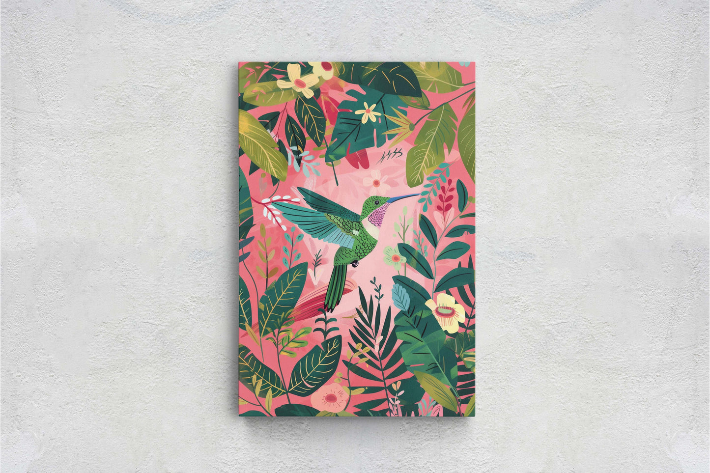 Hummingbird Pink, Framed Canvas, Tropical Art, Maximalist Jungle, Botanical Print, Bold Eclectic, Pink Art
