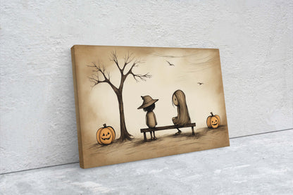 Cute Trick or Treat, Halloween Friends, Costume Bench, Cutesy Art, Adorable Halloween, Halloween bench, Retro Vintage Art, Subdued