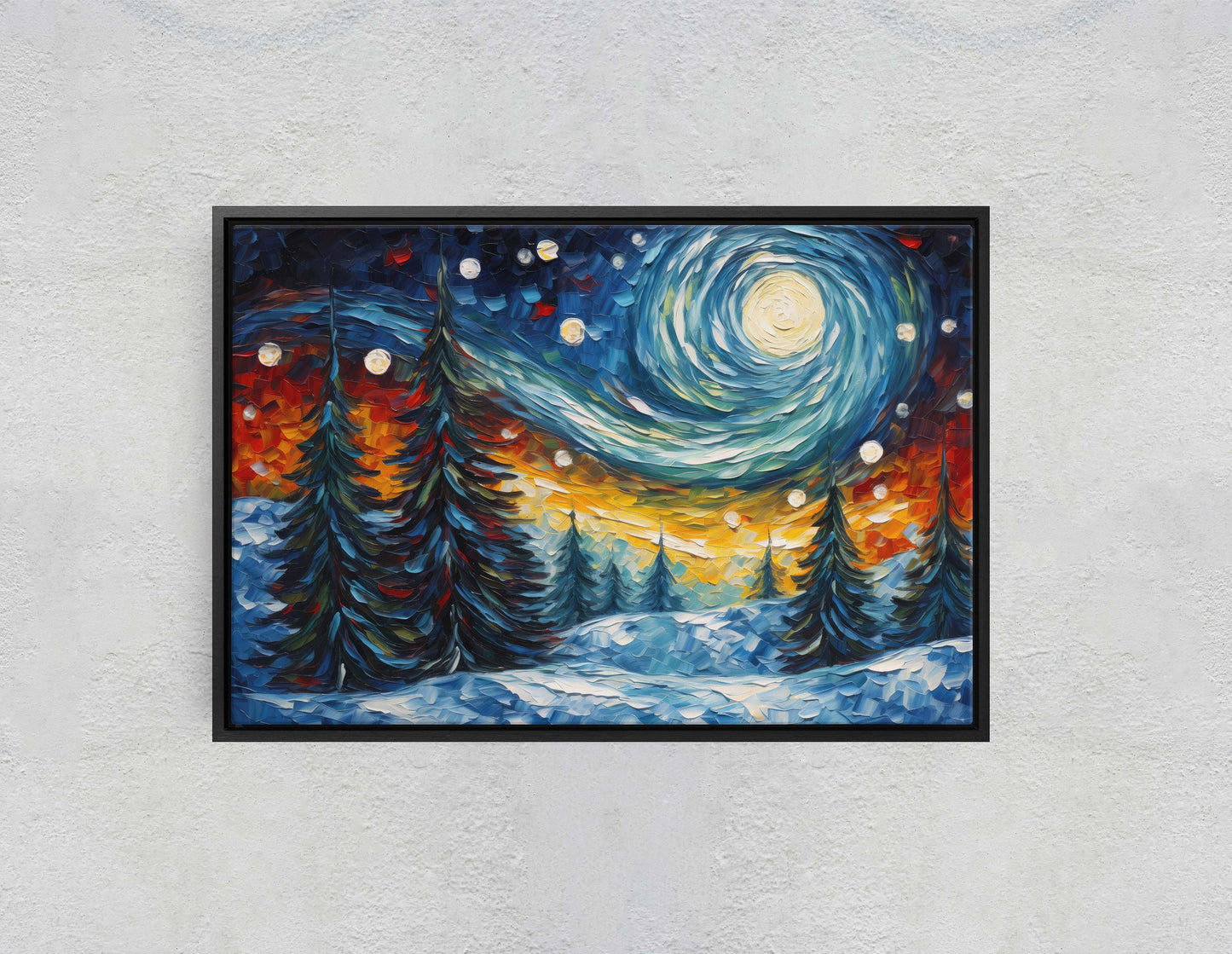 Winter Starry Night, Pine Trees Snow, Colorful Snow, Van Gogh, Framed Canvas, Night Sky, Star Sky