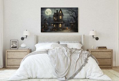 Spooky Mansion, Halloween House, Gothic Home, Scary House, Moonlit Black, Framed Canvas, Creepy cute, Spooky house Art