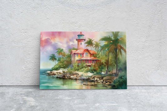 Pink Lighthouse On Canvas, Ocean Painting, Beach House, Watercolor, Palm Trees, Coastal Art, Coastline Villa, Framed Canvas