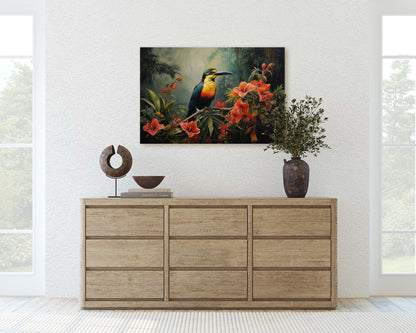 Jungle Bird Painting, Jungle Art, Green Jungle, Framed Canvas, Large Print, Beautiful Bird, Flower Jungle, Tropical Forest, Rainforest Art