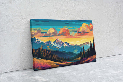 Cloud Mountains on Canvas, Flat Illustration, Sunset Colors, Sunrise Scene, Mountain Range, National Park, Abstract Art, Drawing, Framed
