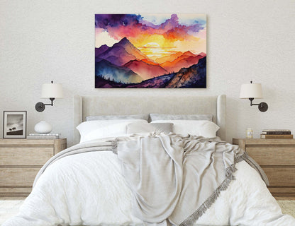 Watercolor mountains, Colorful sunset, Canvas Art, Large Print, Painting, Landscape, vibrant colors, dramatic landscape, living room