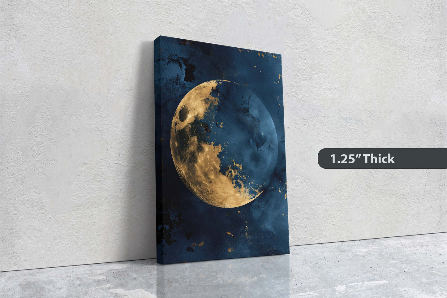 Gold Moon Indigo, Celestial Painting, Gold and Dark Blue, Minimalist Decor, Maximalist Art, Framed Canvas, Space Decor, Night Sky