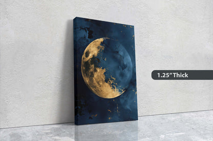 Gold Moon Indigo, Celestial Painting, Gold and Dark Blue, Minimalist Decor, Maximalist Art, Framed Canvas, Space Decor, Night Sky