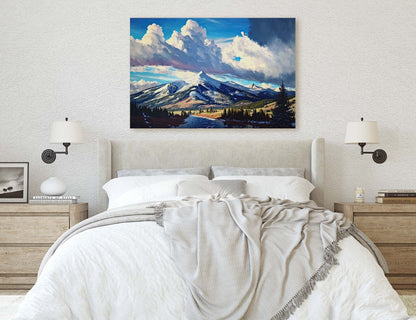 Big Sky Montana, Canvas Art, Ready To Hang, Large Print, Landscape Painting, Dramatic Landscape, Mountain Range, Blue sky mountain,