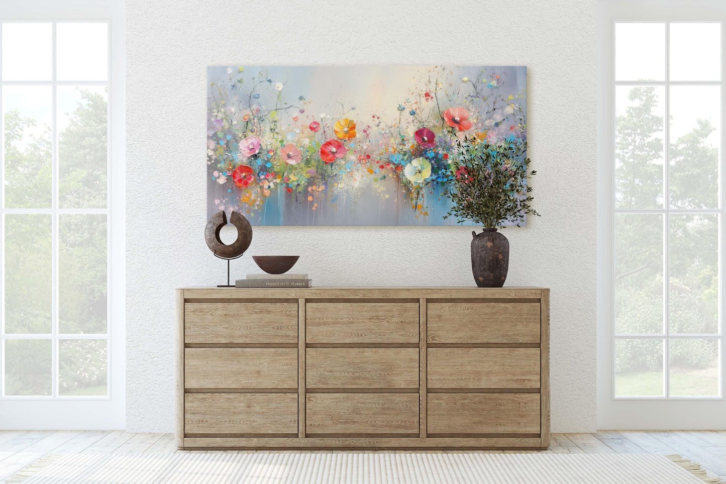 Flowers in Rain, Wildflowers on Canvas, Abstract Wall Art, Framed Canvas, Watercolor flowers,  Floral Print, Classic, Rustic Farmhouse