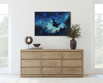 Flying Witch, Witch on Broomstick, Whimsical Decor, Halloween Art, Star Sky, Forest Night