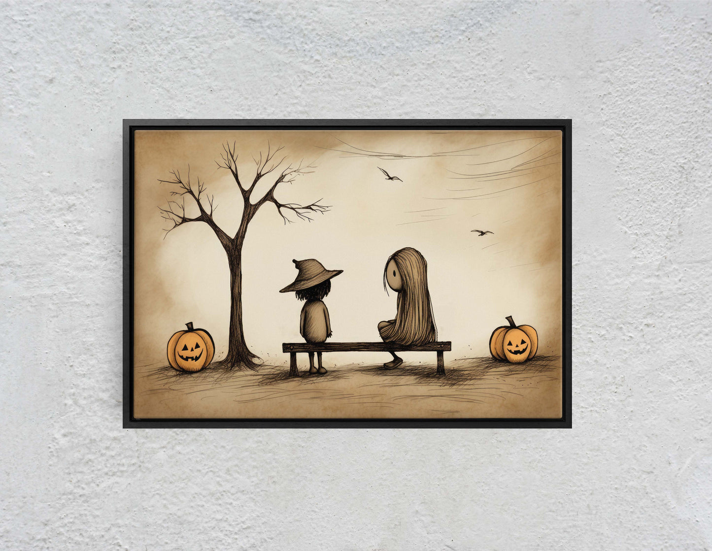 Cute Trick or Treat, Halloween Friends, Costume Bench, Cutesy Art, Adorable Halloween, Halloween bench, Retro Vintage Art, Subdued
