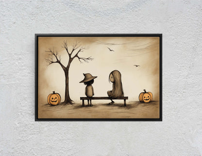 Cute Trick or Treat, Halloween Friends, Costume Bench, Cutesy Art, Adorable Halloween, Halloween bench, Retro Vintage Art, Subdued