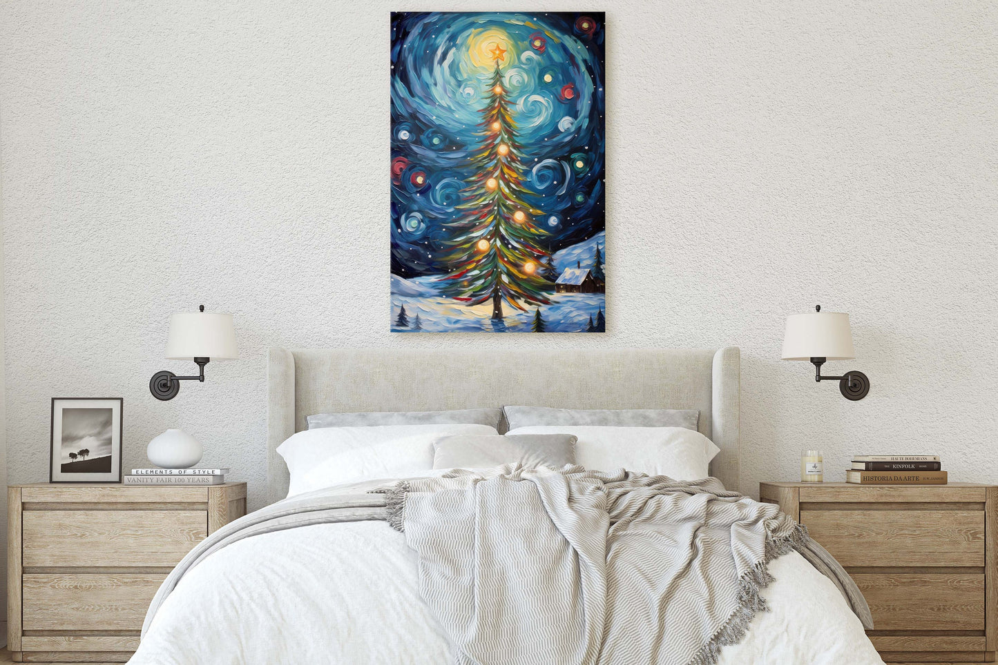 Starry Christmas Tree, Starry Night, Christmas Painting, Xmas Decor, Framed Canvas, Large Painting, Festive Print, Winter Art