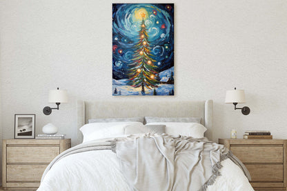 Starry Christmas Tree, Starry Night, Christmas Painting, Xmas Decor, Framed Canvas, Large Painting, Festive Print, Winter Art