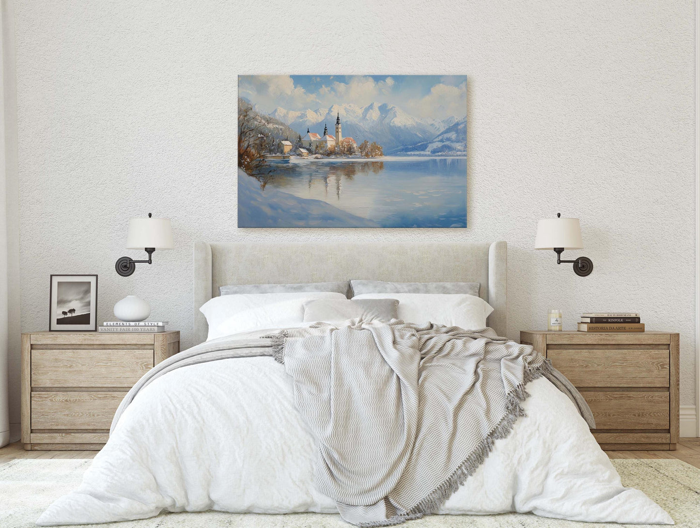 Lake Bled Painting, Slovenia Art, Scenic Art, Winter Lake