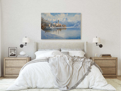 Lake Bled Painting, Slovenia Art, Scenic Art, Winter Lake