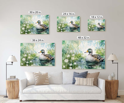 Duck Painting, Duck on Pond, Mallard Duck, Bird Art, Green Pond, Framed Canvas, Large Art Print, Traditional Print, Avian Decor