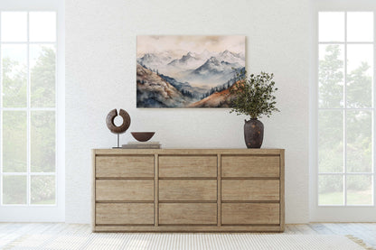 Snowy Mountain on Canvas, Subdued Color, Misty Peaks, Fog Landscape, Neutral Tones, Ready to Hang, Large Print, Colorado Mountain