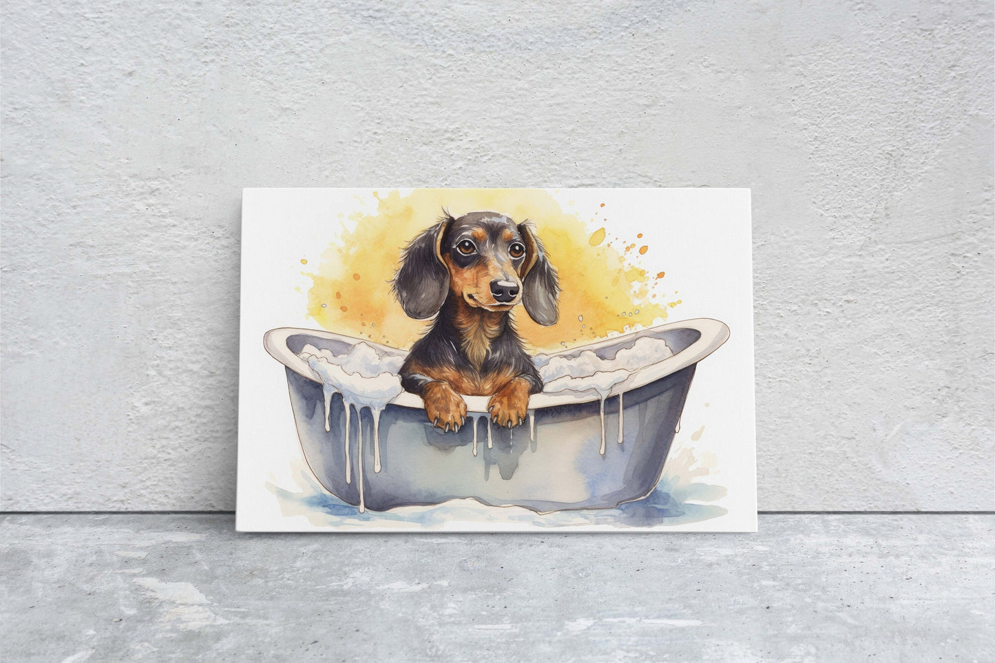 Dachshund Bath, Dog in Bathtub, Bathroom Decor, Kids Bath, Powder room, Fun Art, Wiener Dog, Bath time Art, Cute Dog Art, Silly Puppy