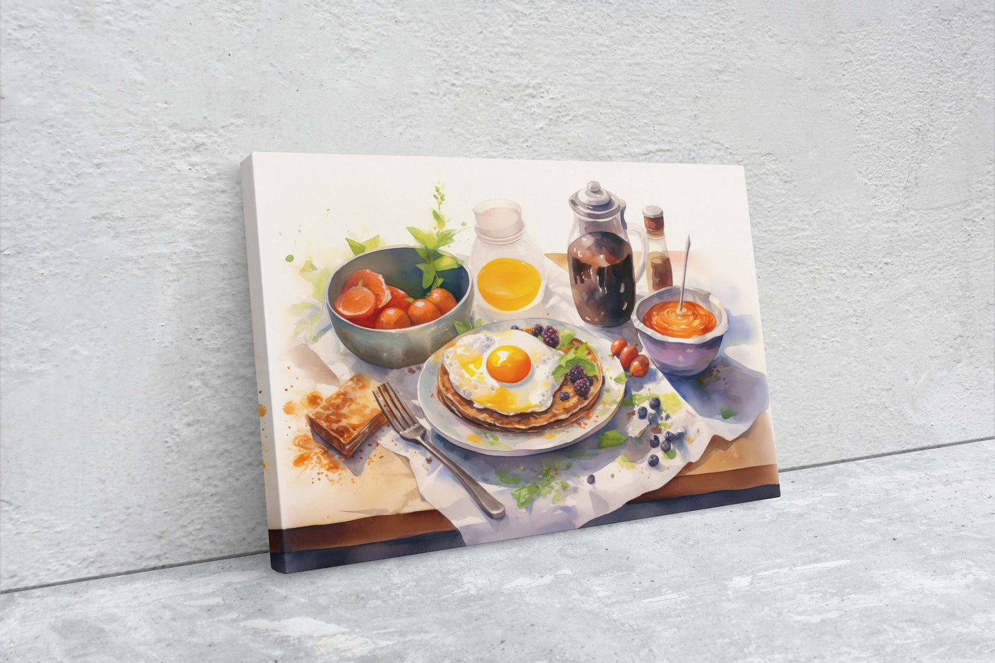 Breakfast Watercolor, Breakfast Painting, Food Art, Kitchen Art, Eggs Pancakes, Coffee, Framed Canvas, Colorful Food Art, Colorful Kitchen